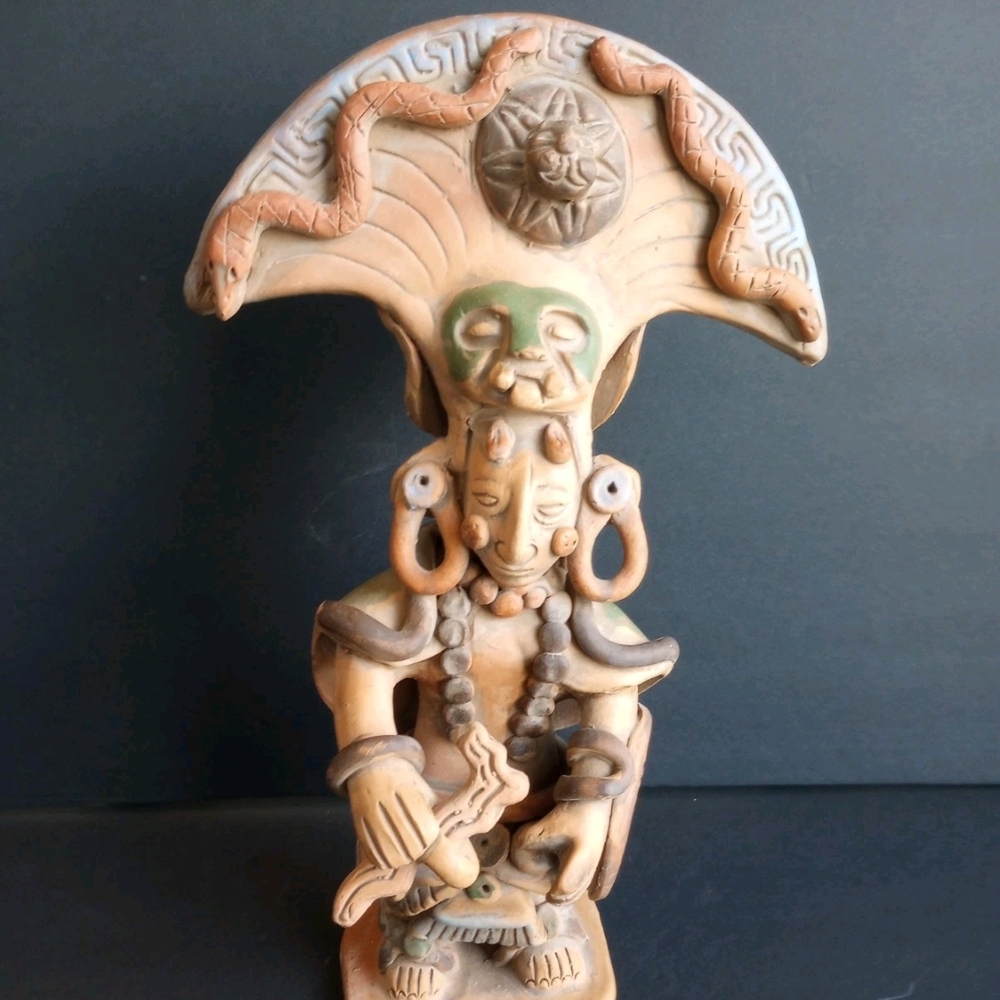 Vtg Handcrafted Mexican  Folk Art Terracotta Aztec Mayan Warrior Statue 16"